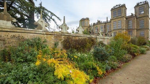 View along the herbaceous border towards the hall at Hardwick, Derbyshire